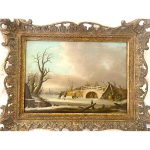 An Antique 17th Or 18th C Dutch Old Master Winter Oil painting With Skaters